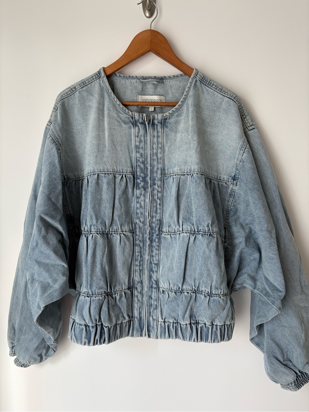 Light Wash Gathered Denim Jacket - Relaxed Jean Jacket
